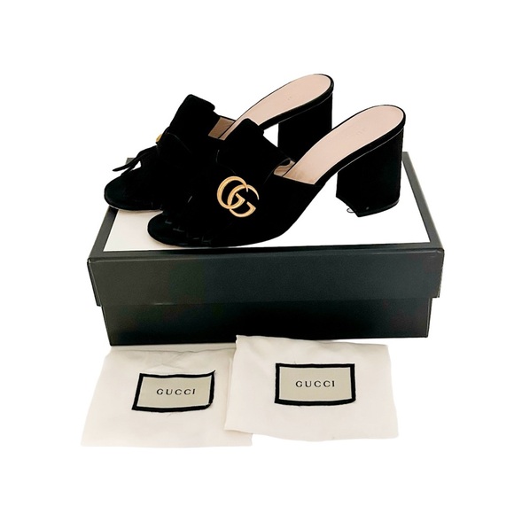 Gucci Shoes - Gucci Black Marmont GG Logo Suede Fringe High Heeled Slip On Mules EU 41 US 11